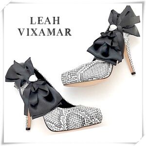 Leah Vixamar Snakeskin Print with Bow Details Platform Pumps Heel